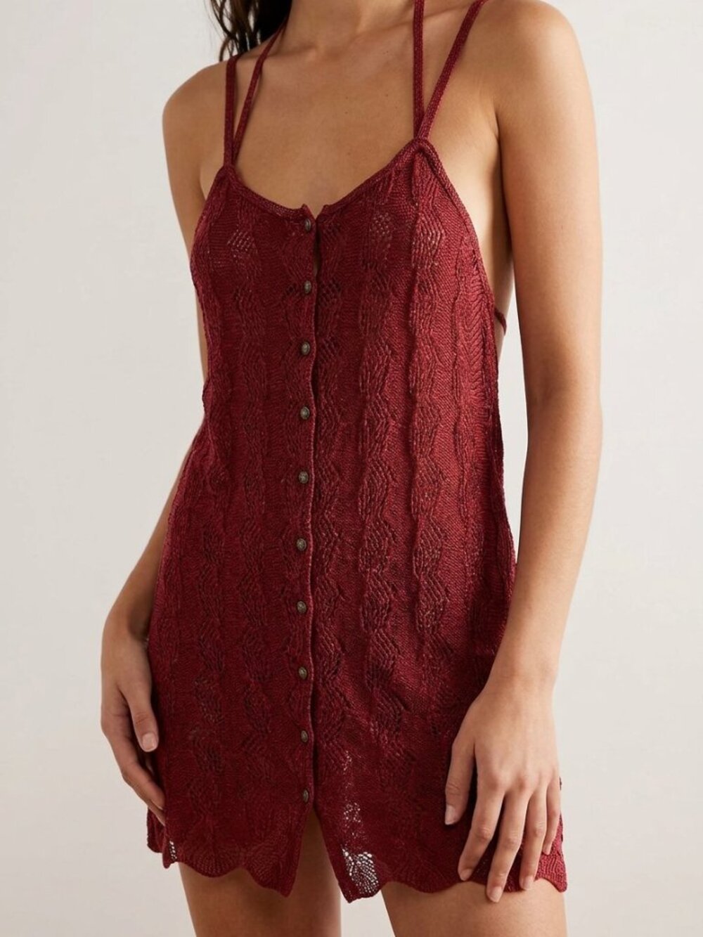 Free People Burgundy Pointelle Knit Halter Mini Slip Dress Backless Button | Siz